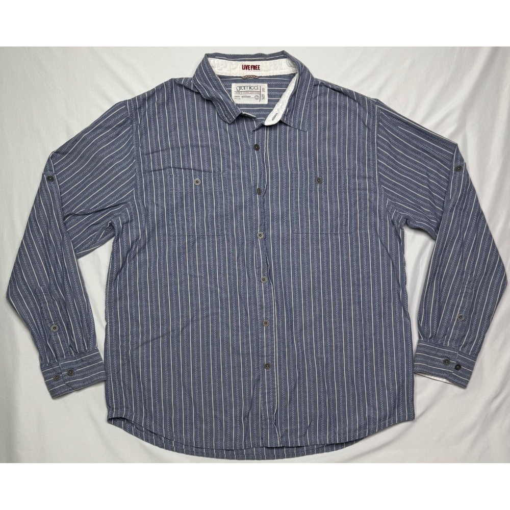 Gramicci Mens XL Blue White Striped Stitched Button Down Live Free Shirt